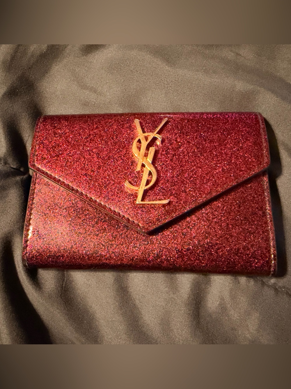 Authentic YSL Red Glitter Patent Leather Envelope Card Case